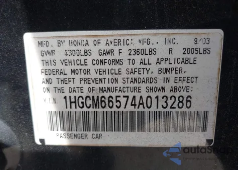 2004 Honda Accord 3.0 Ex z USA, uszkodzony, nr VIN 1HGCM66574A013286